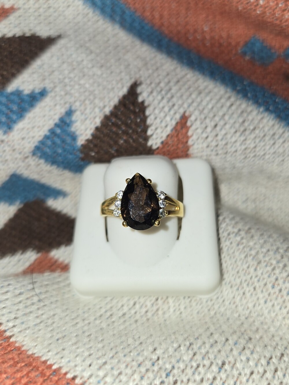 Gold Tone Pear-Cut Brown Gemstone Ring with Side Accents